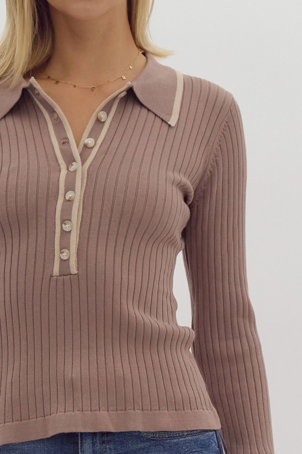 Entro Solid Ribbed Long Sleeve Collared Knit Top