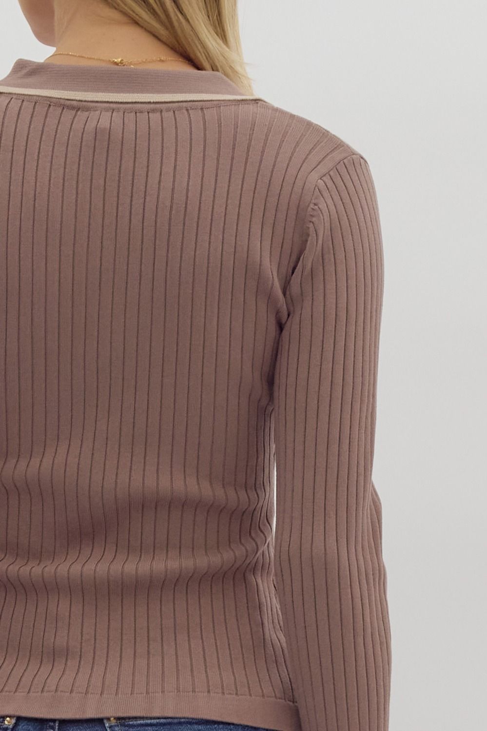 Entro Solid Ribbed Long Sleeve Collared Knit Top