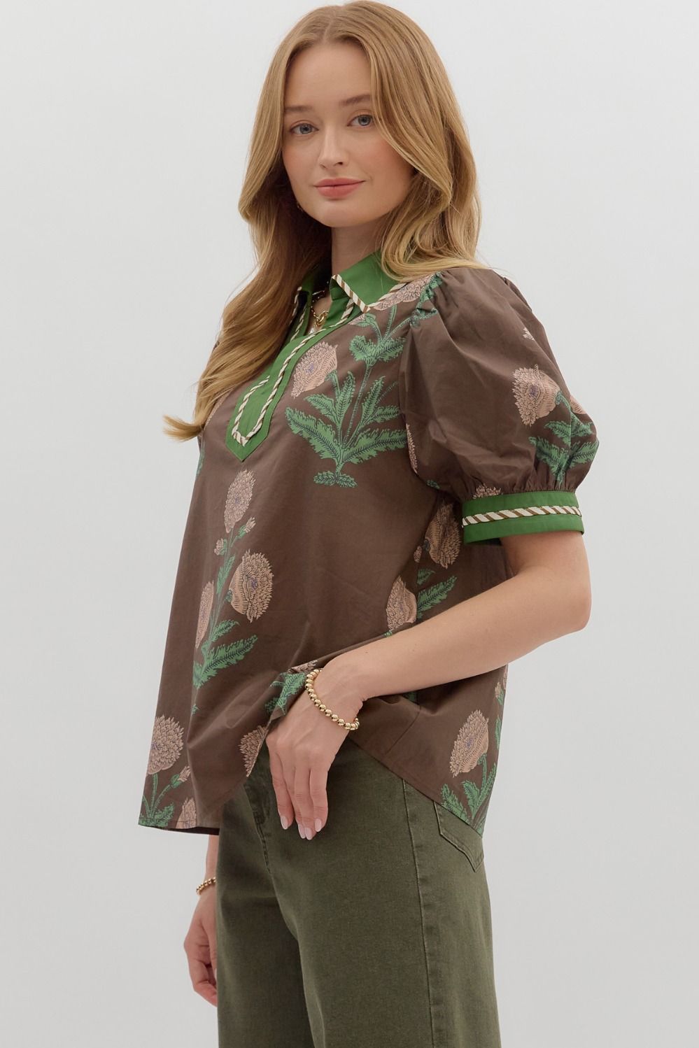 Entro Floral Print Short Bubble Sleeve Top