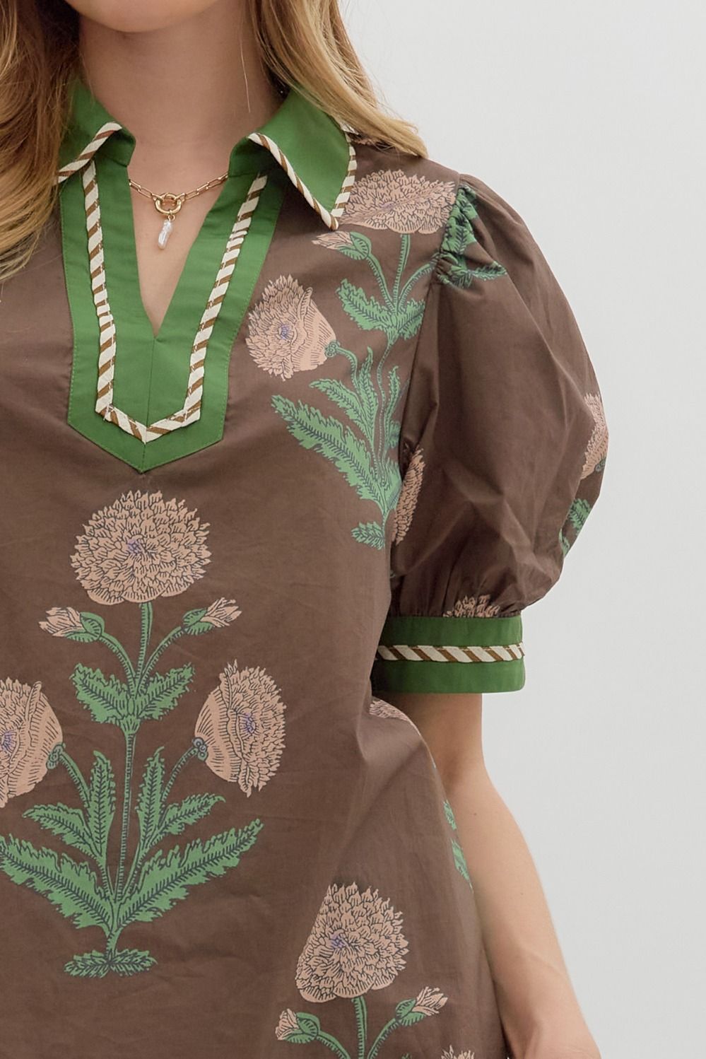 Entro Floral Print Short Bubble Sleeve Top