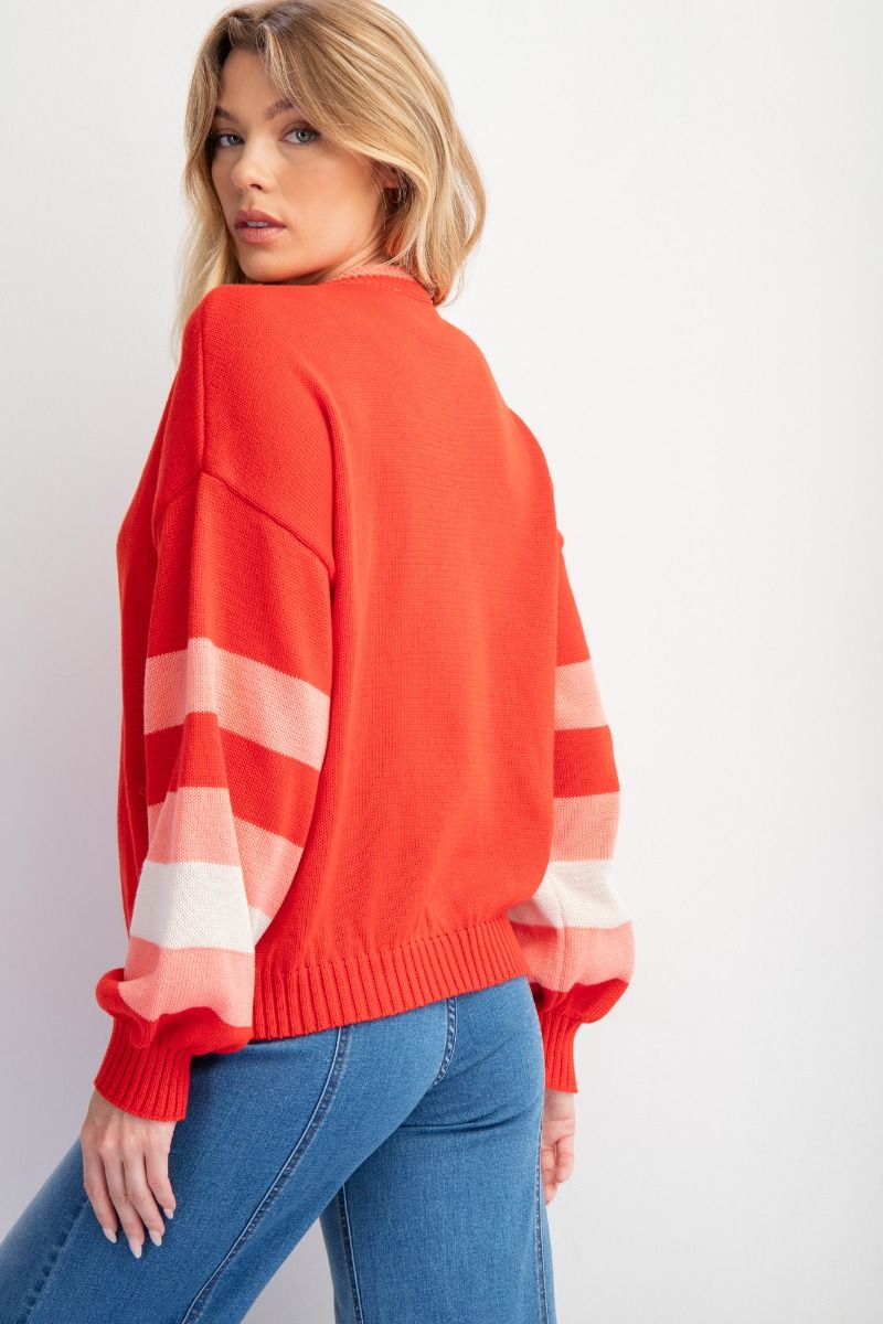EASEL BOHO RED DAISY KNIT SWEATER PULLOVER