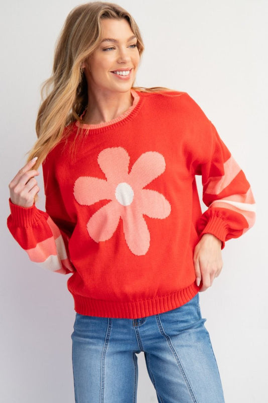 EASEL BOHO RED DAISY KNIT SWEATER PULLOVER