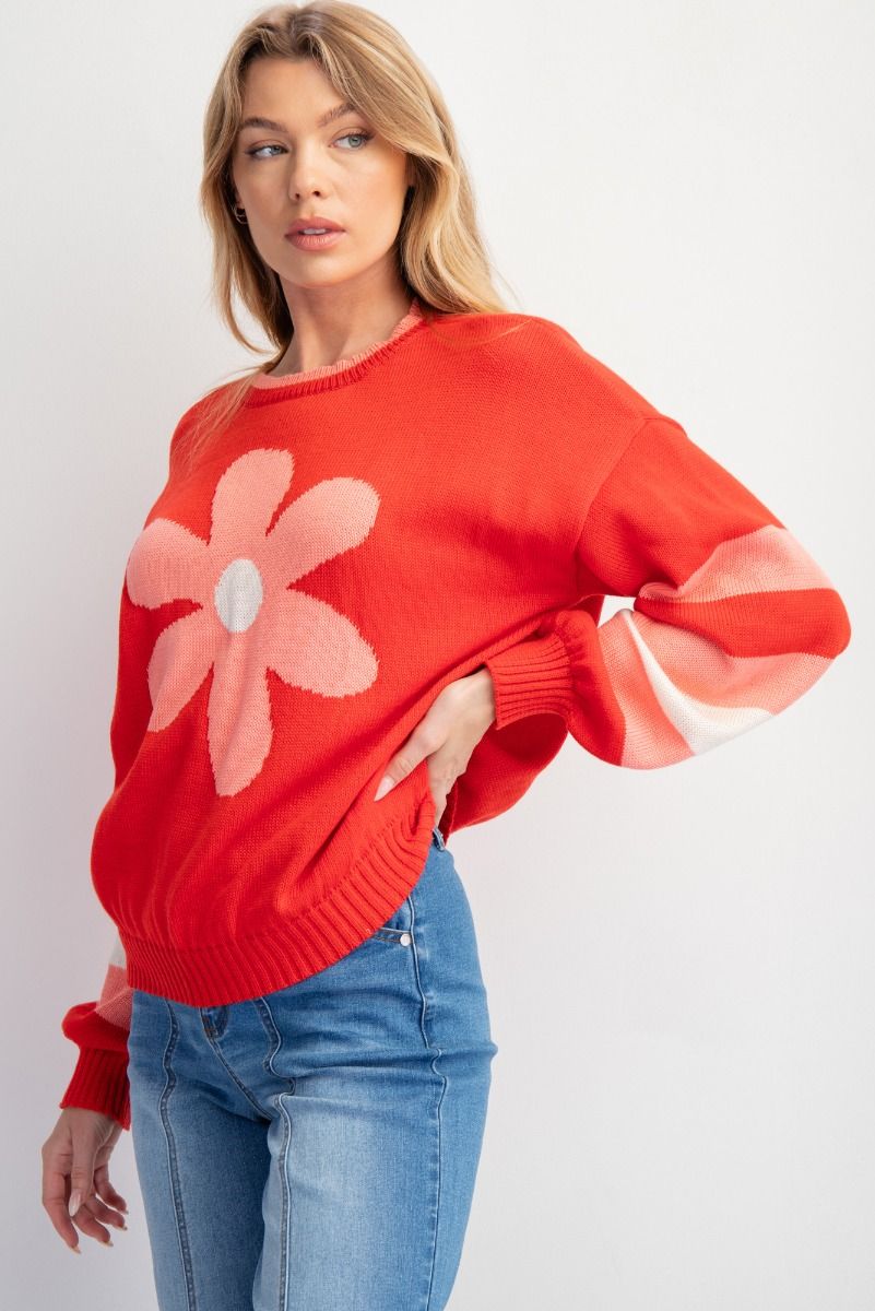EASEL BOHO RED DAISY KNIT SWEATER PULLOVER