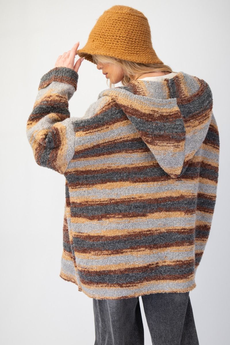 EASEL STRIPE PATTERN KNIT HOODIE CARDIGAN