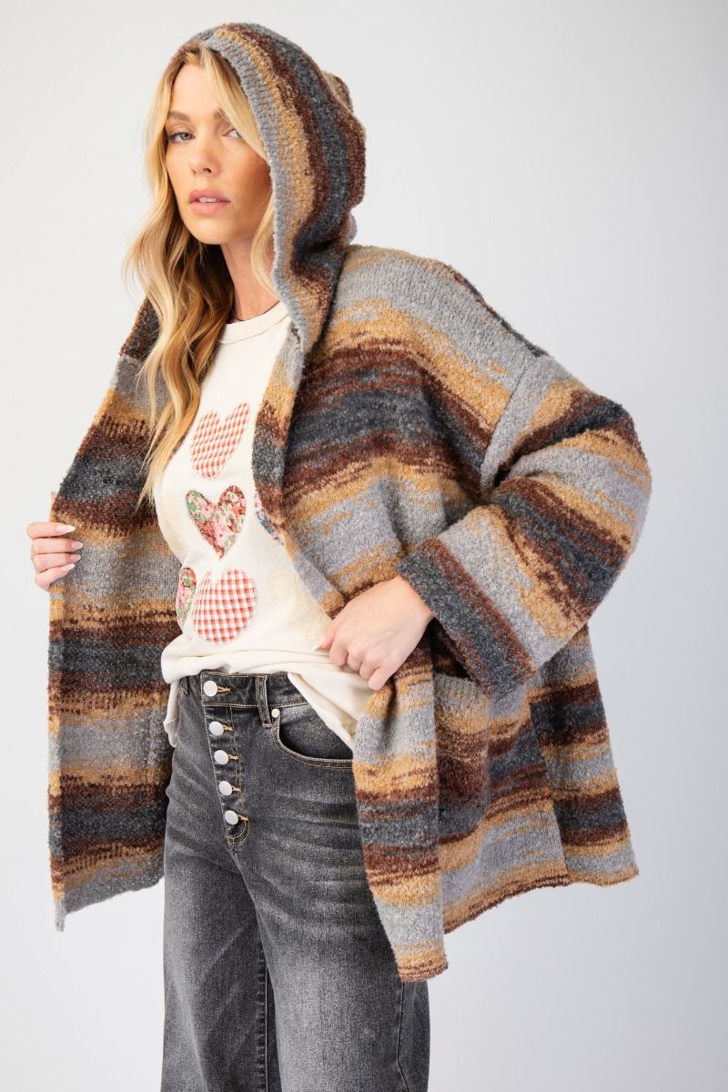 EASEL STRIPE PATTERN KNIT HOODIE CARDIGAN