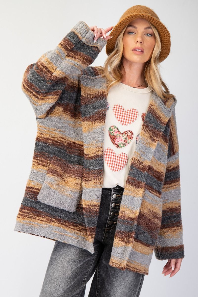 EASEL STRIPE PATTERN KNIT HOODIE CARDIGAN