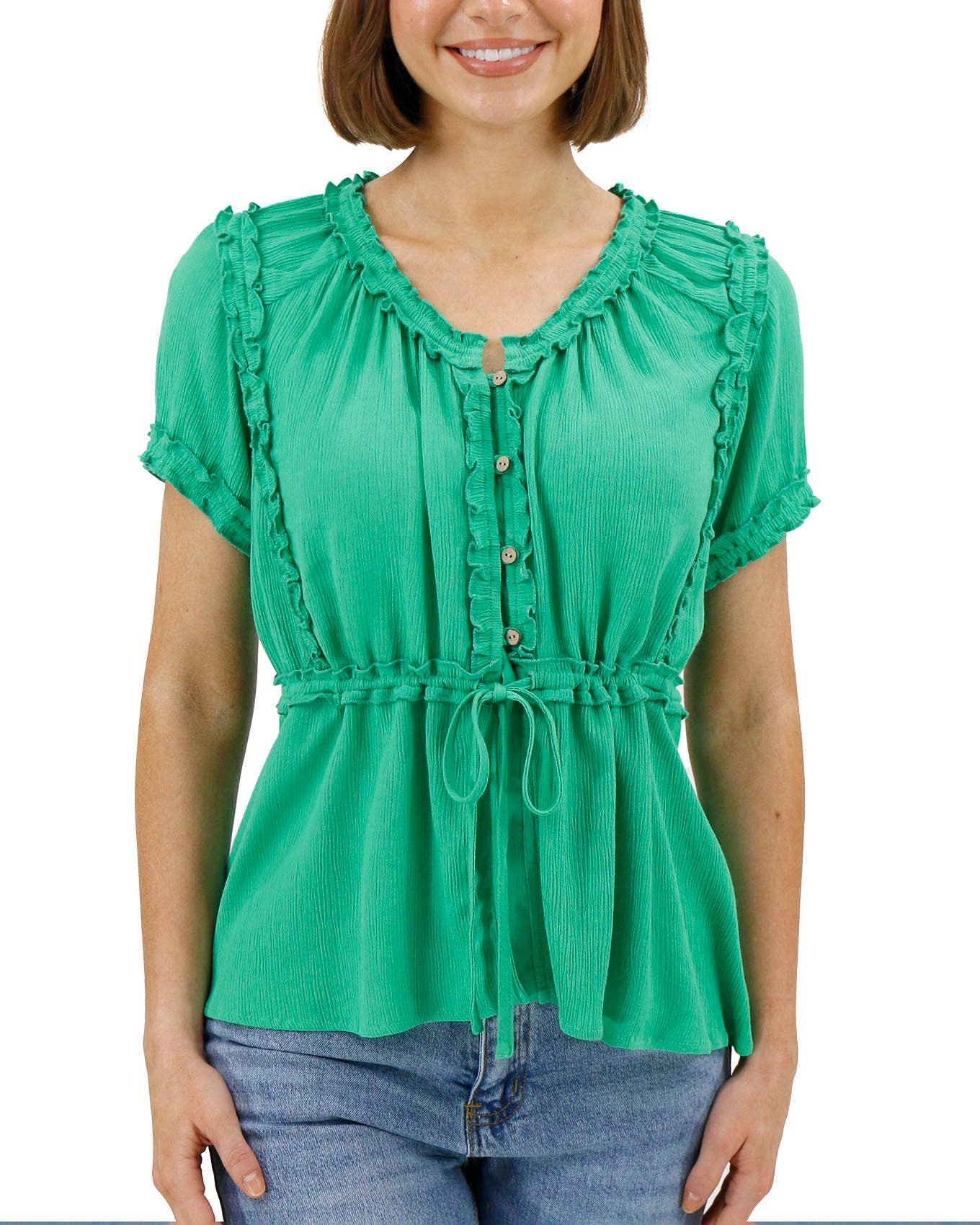 Lola Frilly Button Front Top in Spring Green
