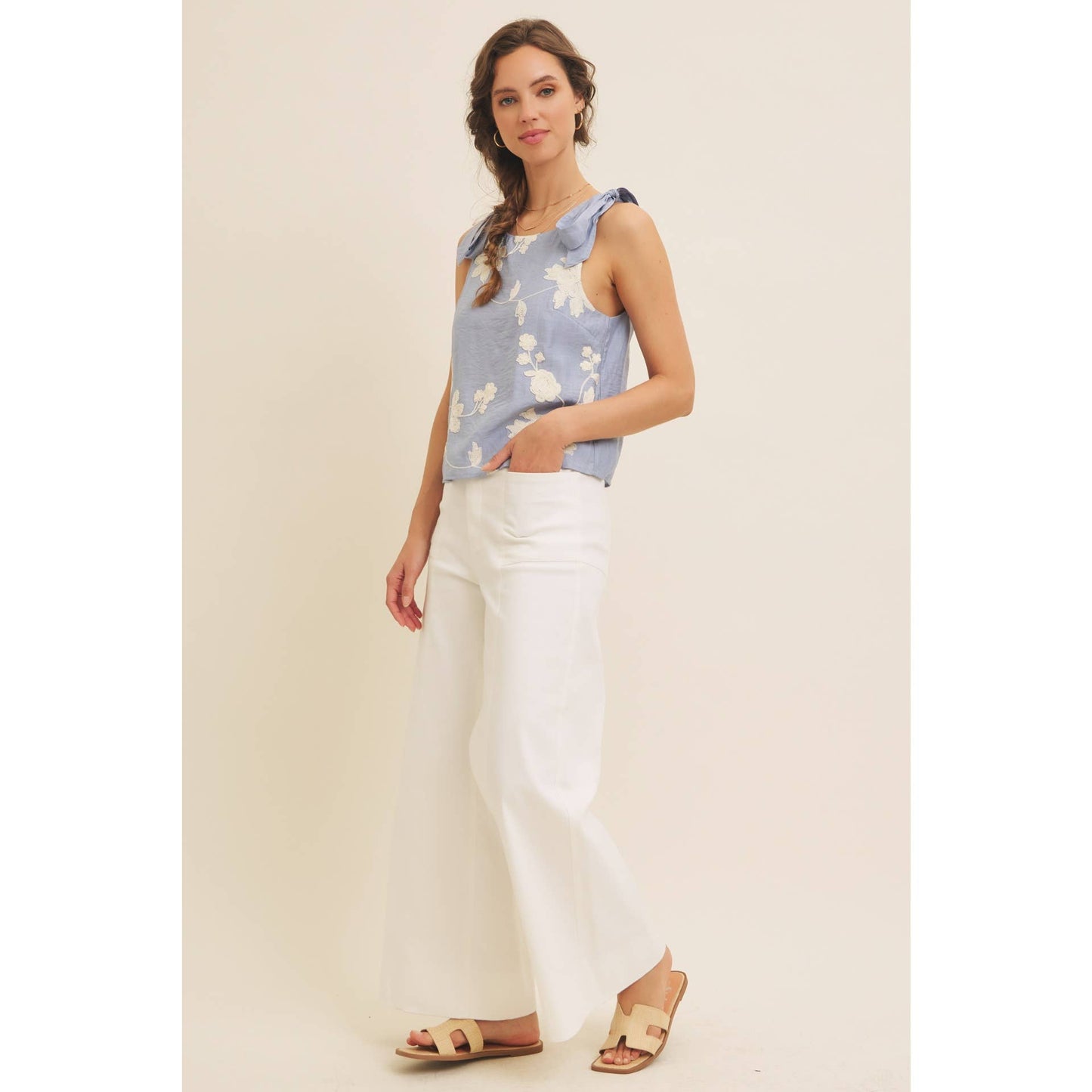 ROMANTIC EMBROIDERY BLOUSE TOP WITH BOW STRAPS