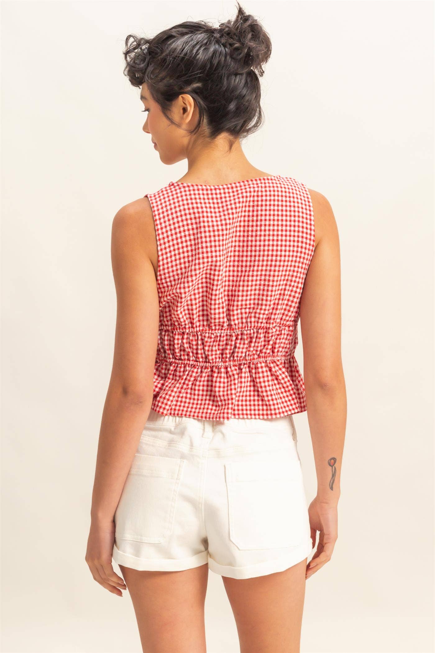 V-Neck Bow Detail Sleeveless Gingham Top