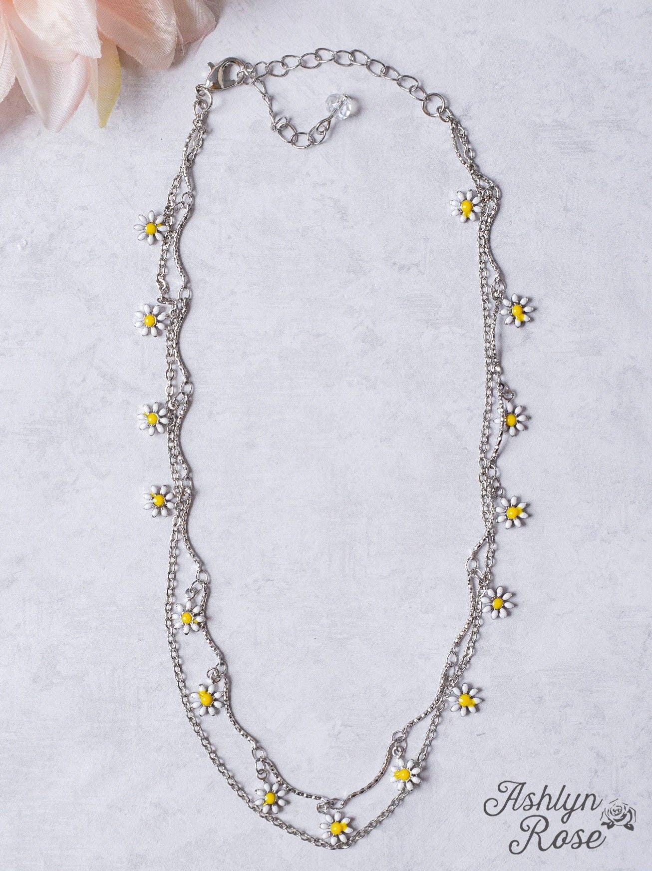 MY ONLY SUNSHINE SILVER DAISY PENDANT DOUBLE CHAIN NECKLACE