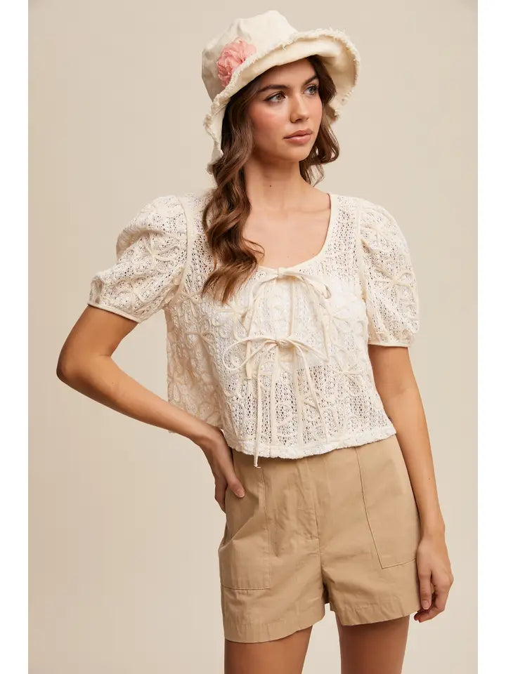 Embroidery Crochet Lace Puff Sleeve Blouse