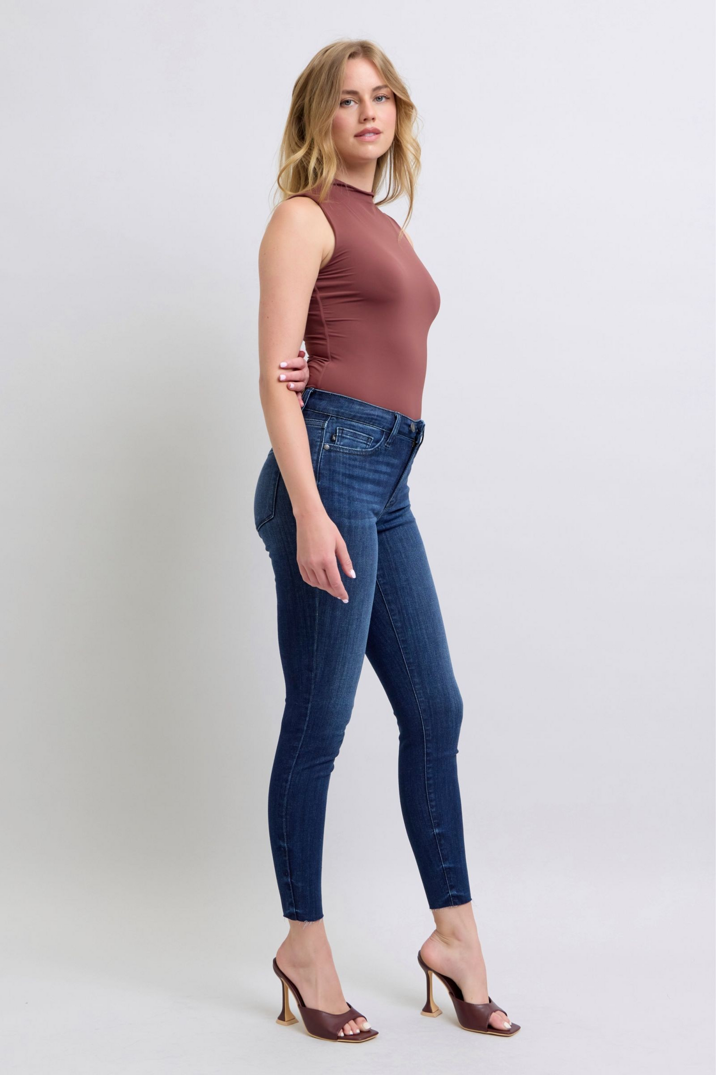Judy Blue Mid-Rise Dark Wash Skinny with Raw Hem