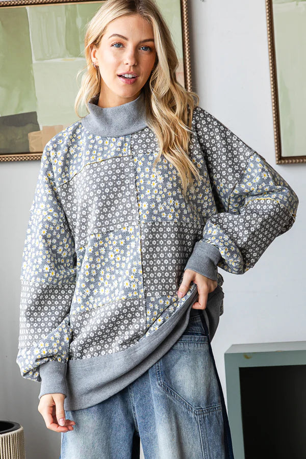 OLI & HALI FLORAL PATTERNED FUNNEL NECK LONG SLEEVE SWEATER