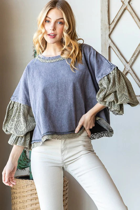 Oli & Hali Washed Lace Contrast Bubble Sleeve Top