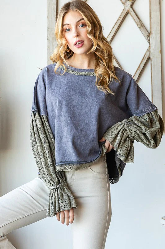 Oli & Hali Washed Lace Contrast Bubble Sleeve Top