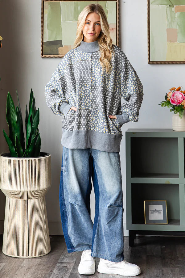 OLI & HALI FLORAL PATTERNED FUNNEL NECK LONG SLEEVE SWEATER