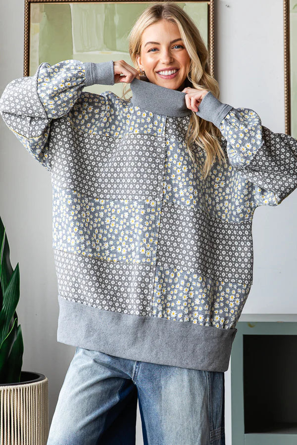 OLI & HALI FLORAL PATTERNED FUNNEL NECK LONG SLEEVE SWEATER