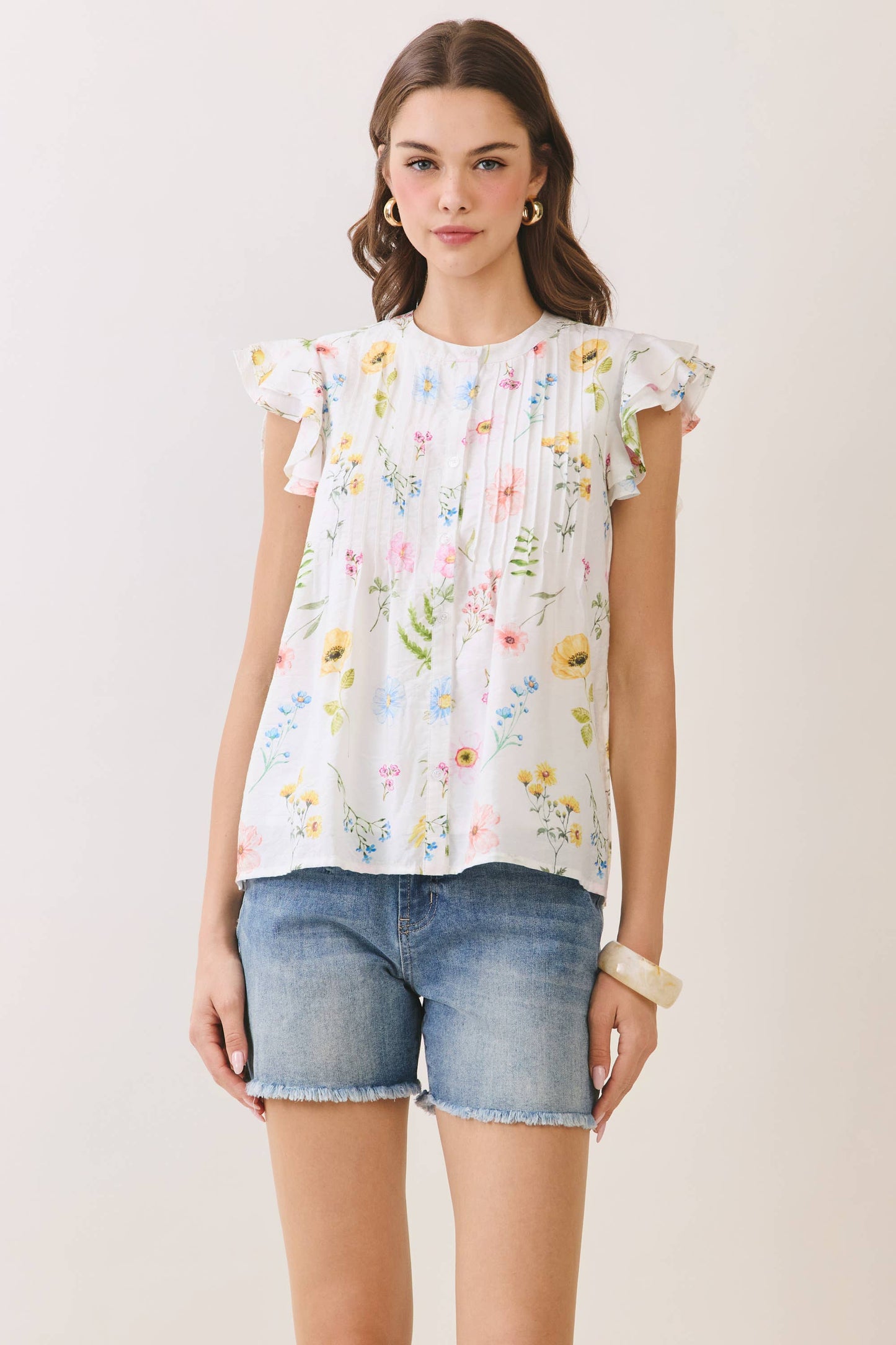 Off White Floral Pleated Detail Ruffle Sleeve Top