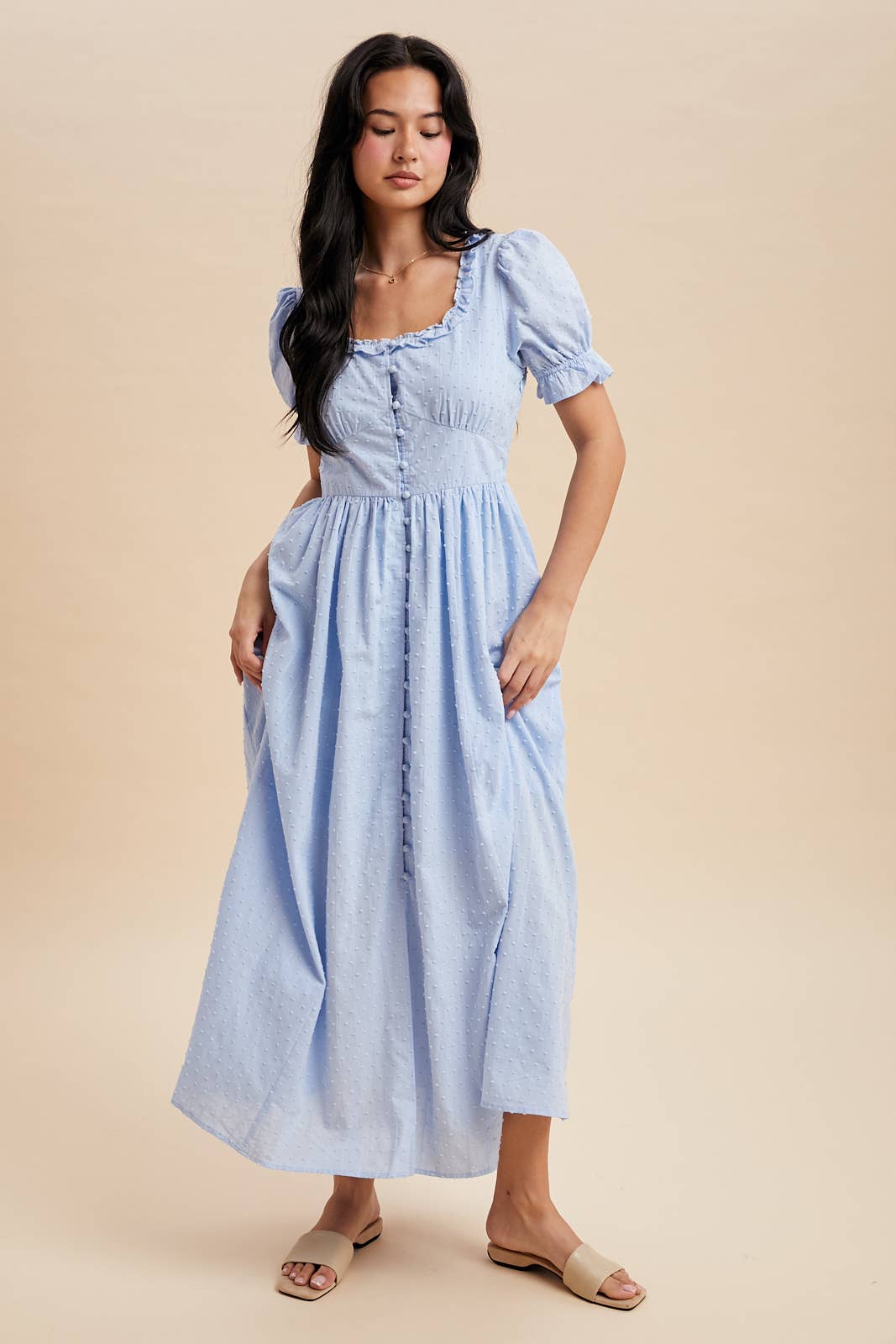 SWISS DOT BUTTON DOWN MAXI DRESS