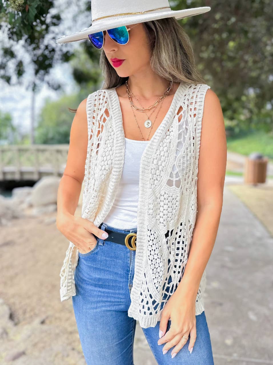 Unique Boho Floral Pattern Open Front Crochet Vest Top