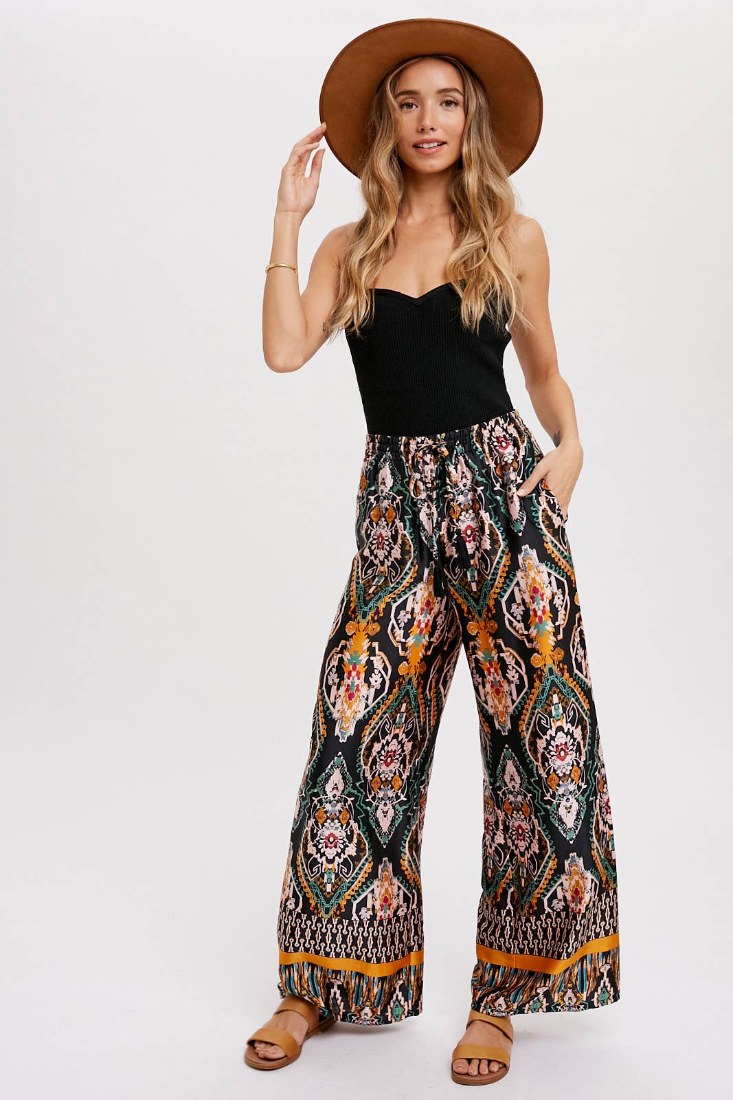 BORDER PRINT WIDE LEG PANTS