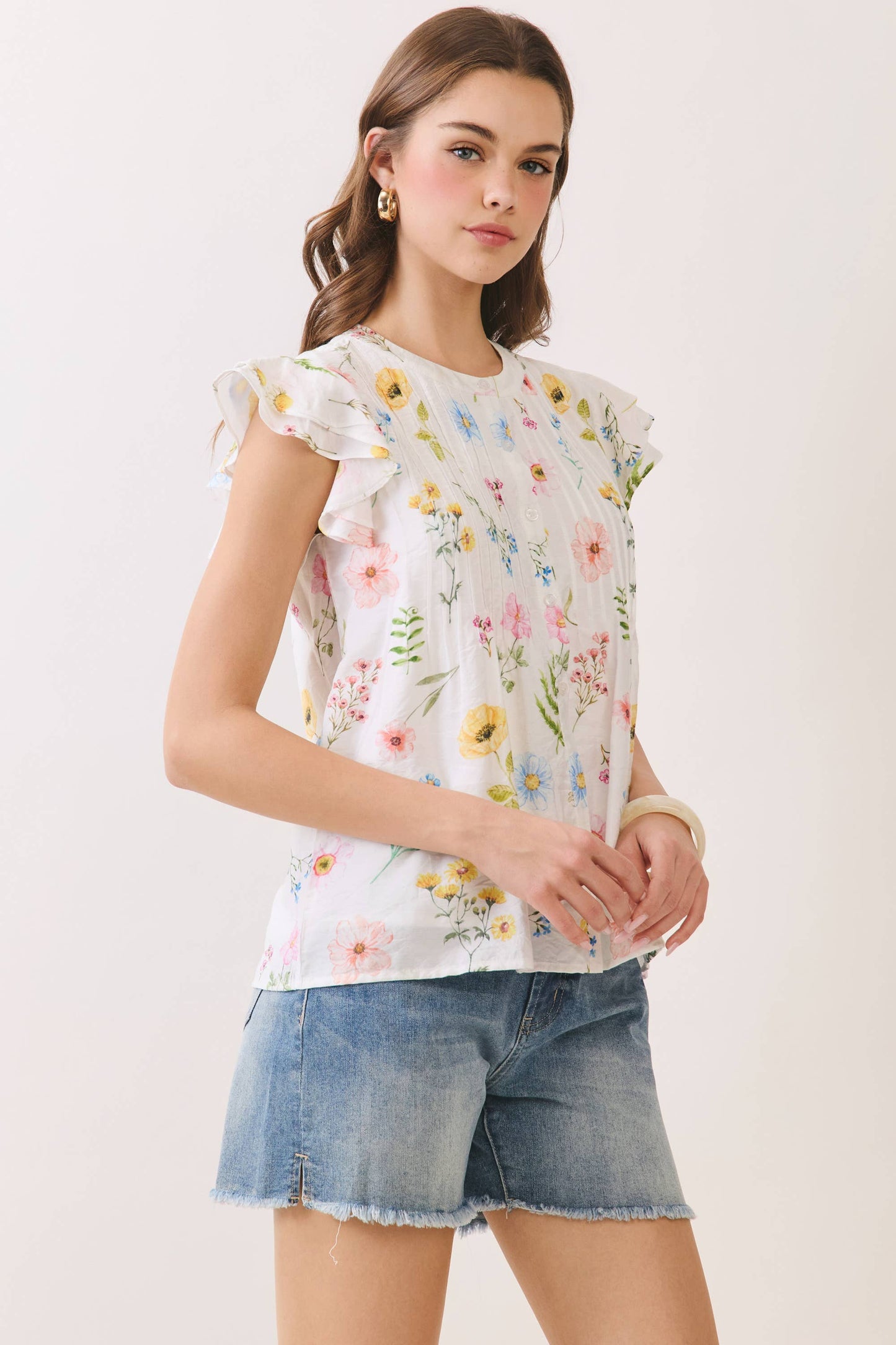 Off White Floral Pleated Detail Ruffle Sleeve Top