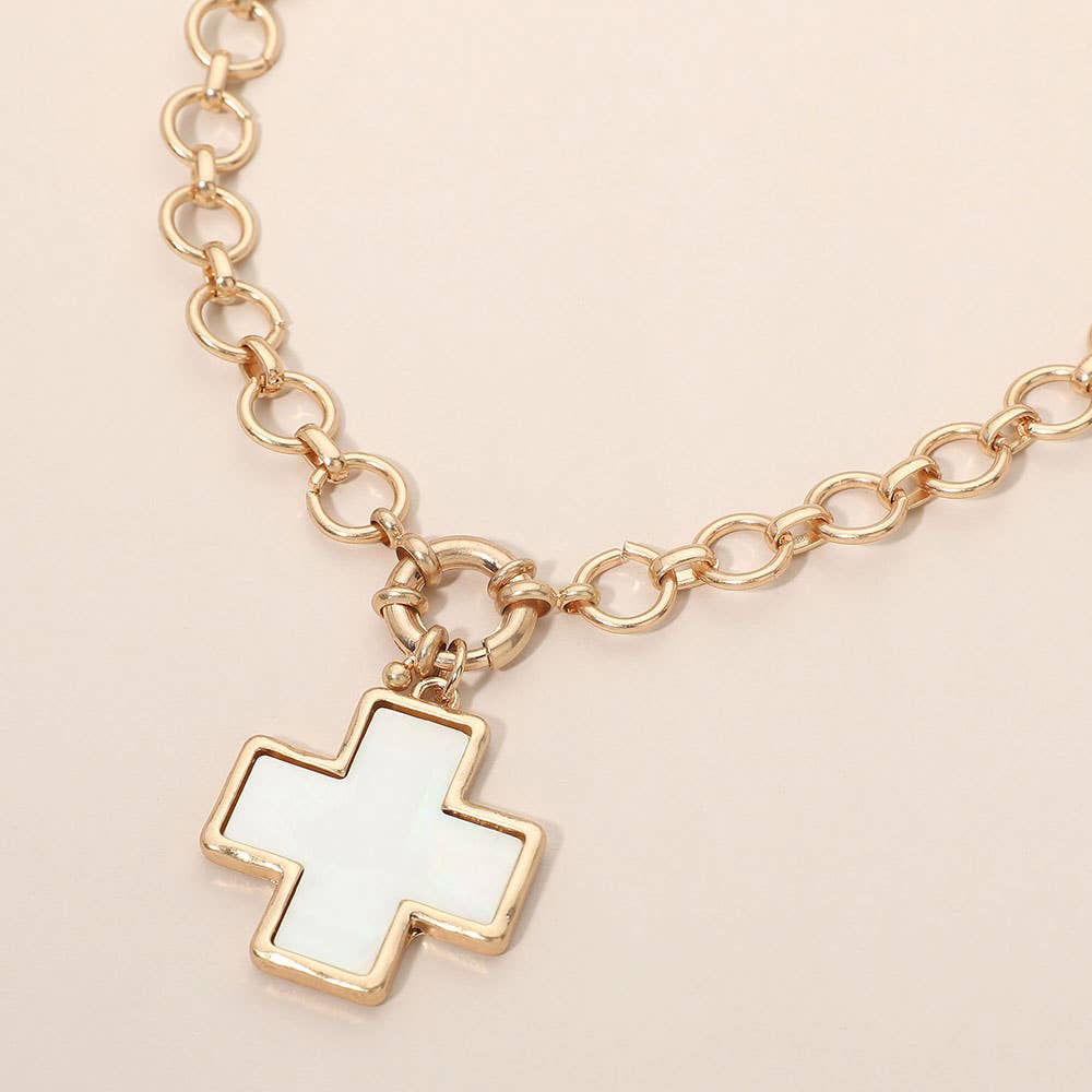 Mother of Pearl Cross Pendant Chunky Chain Necklace