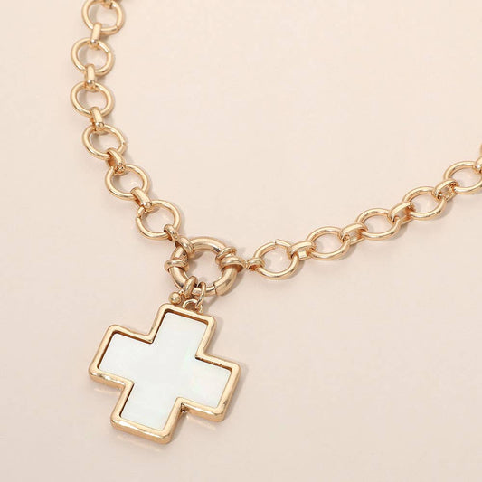 Mother of Pearl Cross Pendant Chunky Chain Necklace