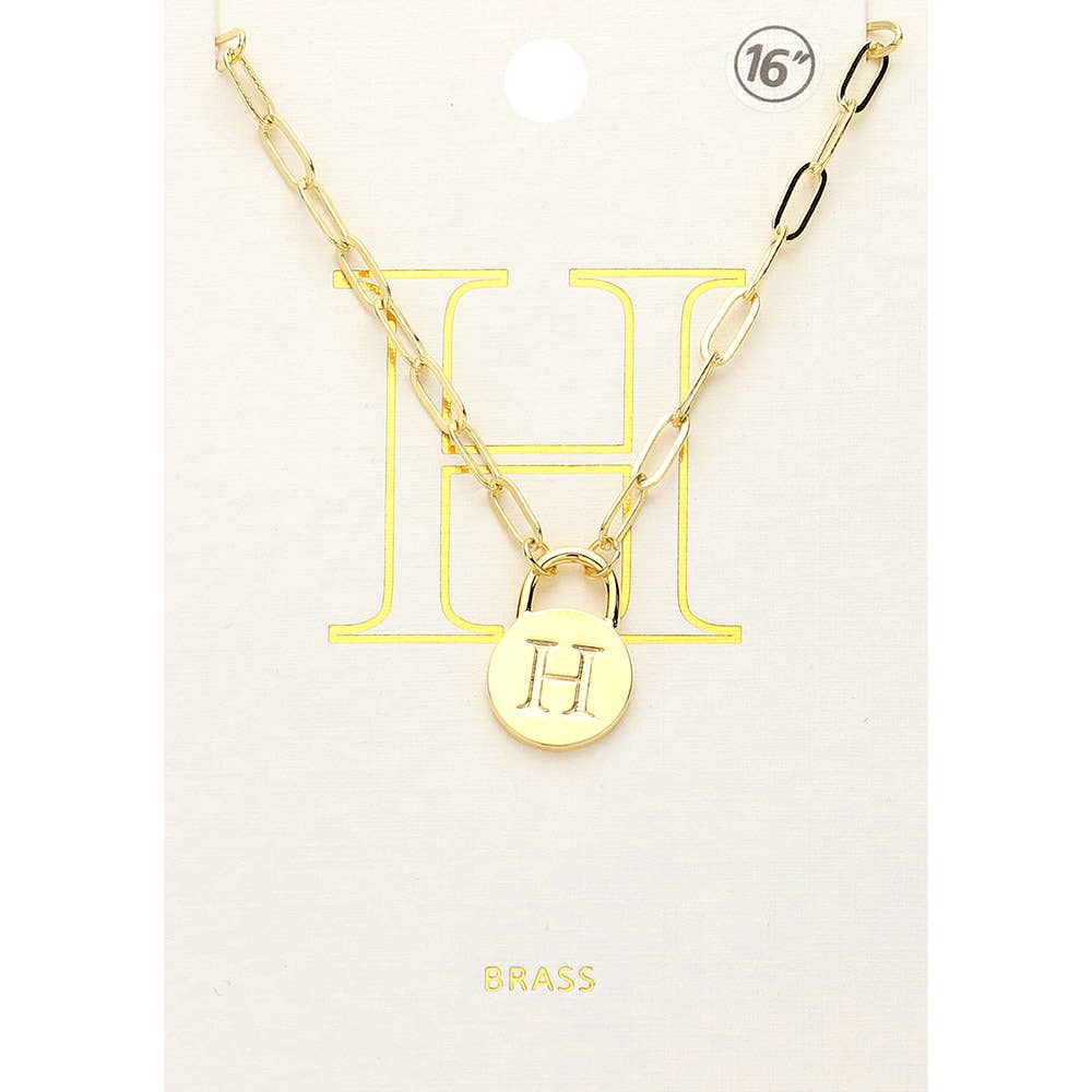 Brass Metal Initial Monogram Lock Pendant Necklace