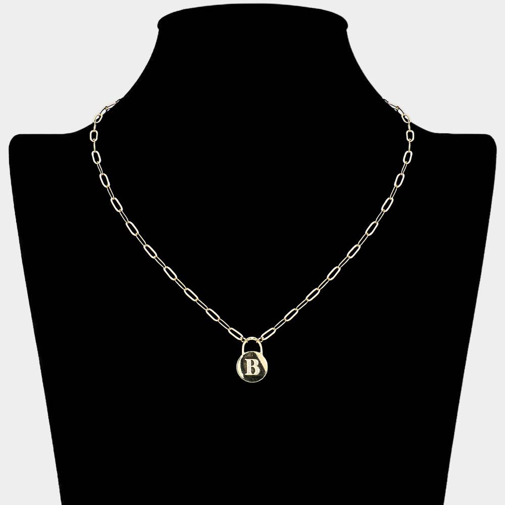 Brass Metal Initial Monogram Lock Pendant Necklace