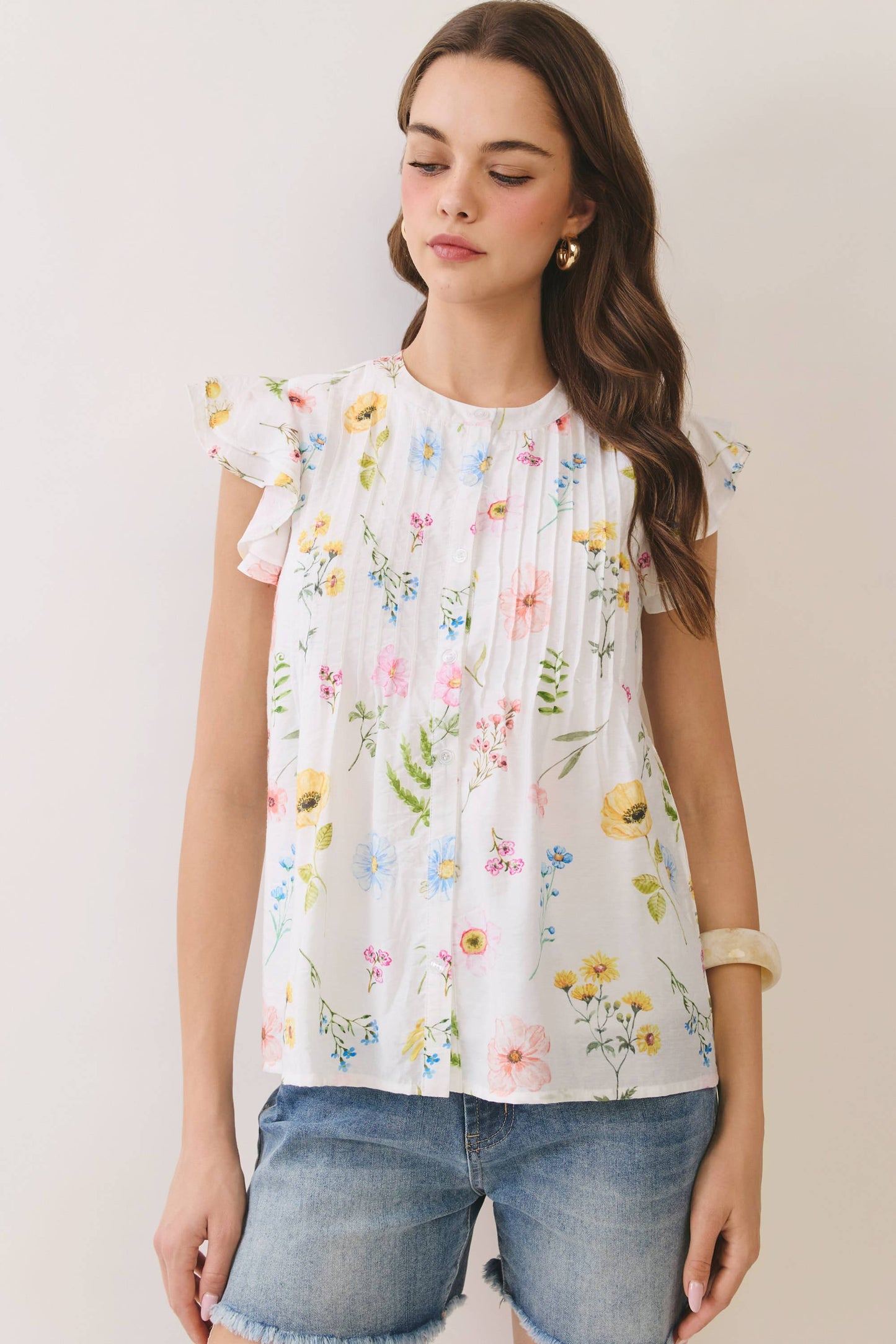 Off White Floral Pleated Detail Ruffle Sleeve Top