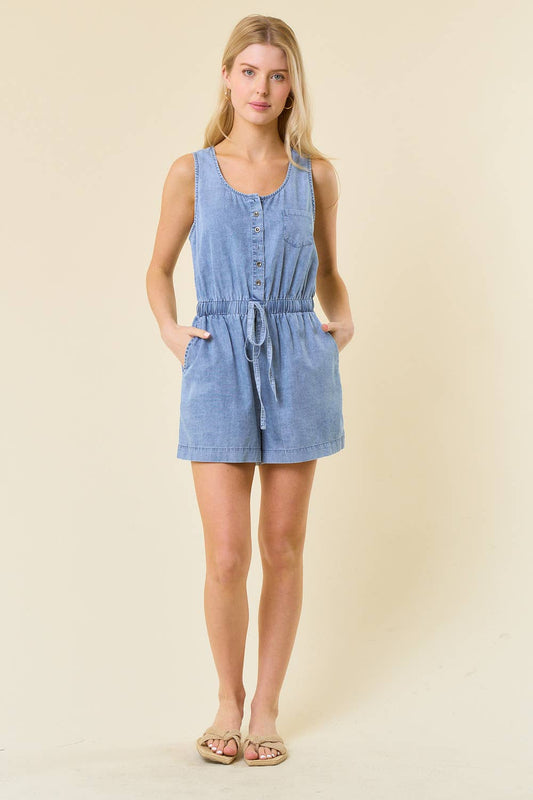 SLEEVELESS DRAWSTRING WAIST HENLEY ROMPER