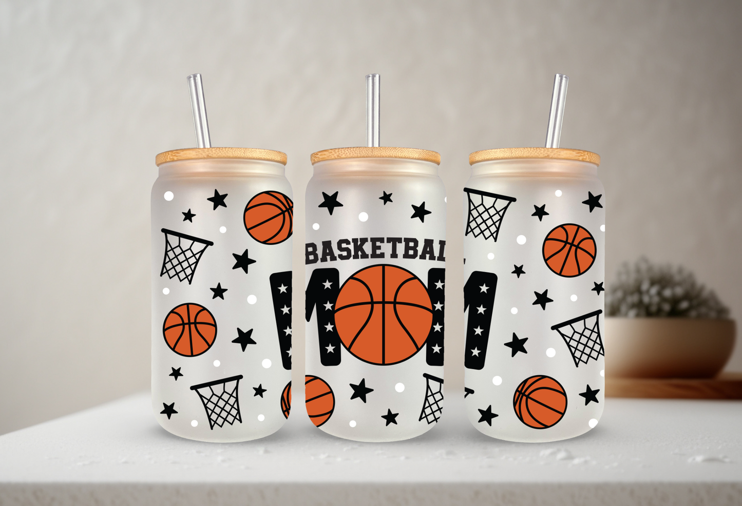 Basketball Mom | 20 oz Glass Libbey with Bamboo Lid & Straw