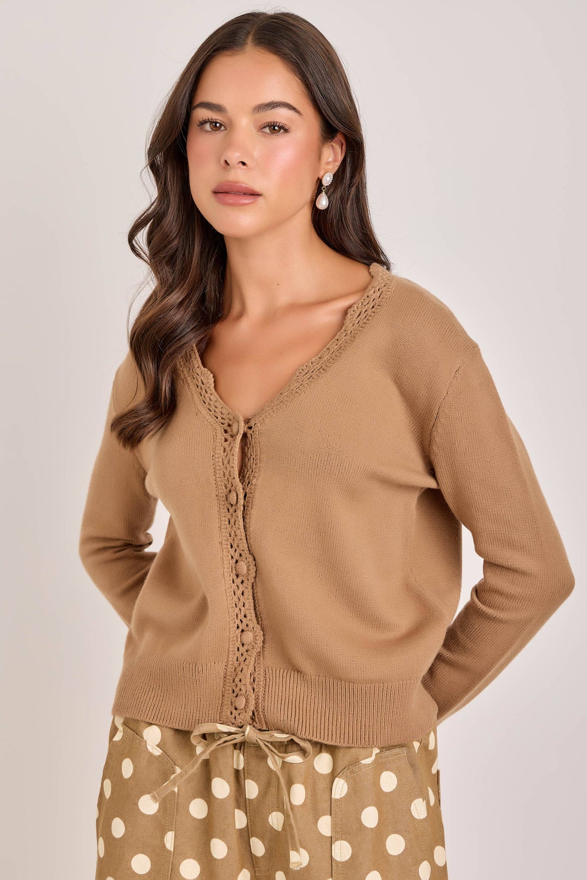 LACE TRIMMED BUTTON FRONT CARDIGAN