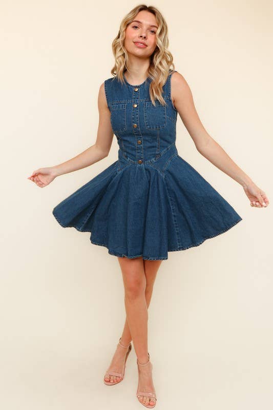 SLEEVELESS BUTTONED FIT AND FLARE DENIM MINI DRESS