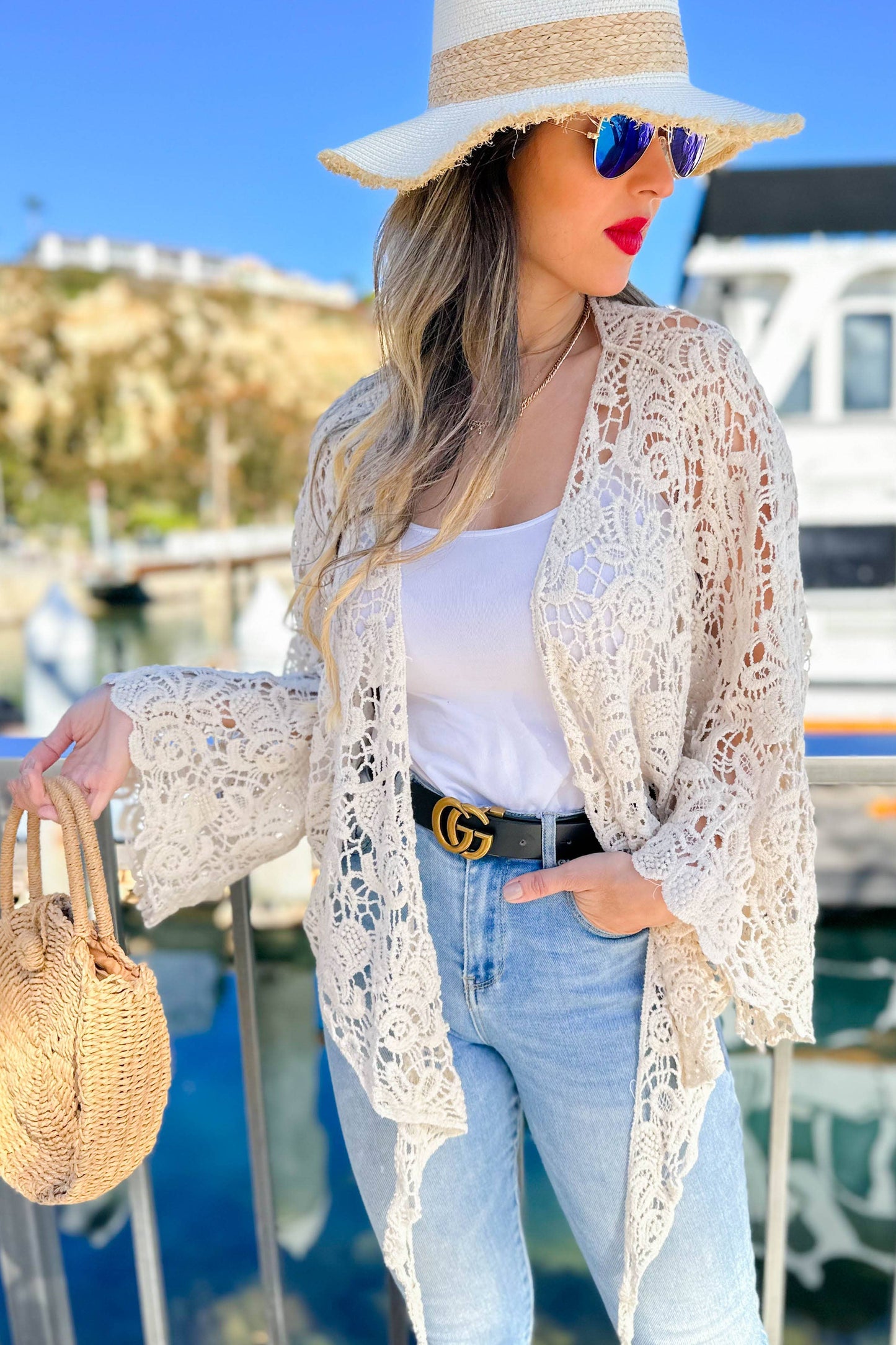 Ivory Floral Crochet Bell Sleeve Open Front Cardigan CoverUp