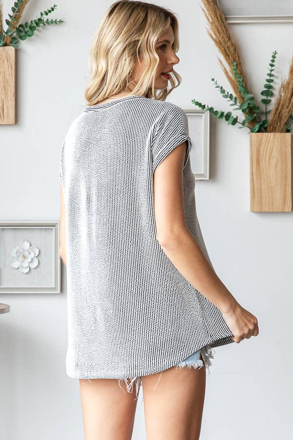 Women's Ribbed Knit Top with Round Neck T5598