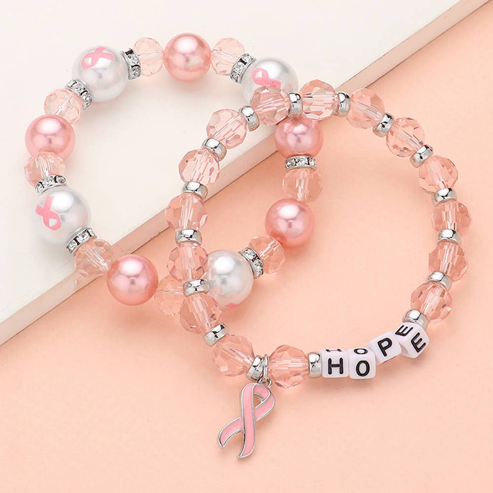 HOPE Message Pointed Pink Ribbon Charm Bracelets-2 PCS