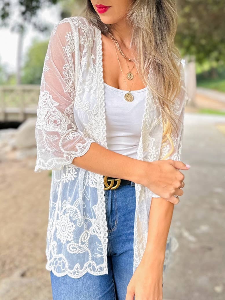 Ivory Floral Lace Sheer Dressy Short Sleeve Kimono Cover Up