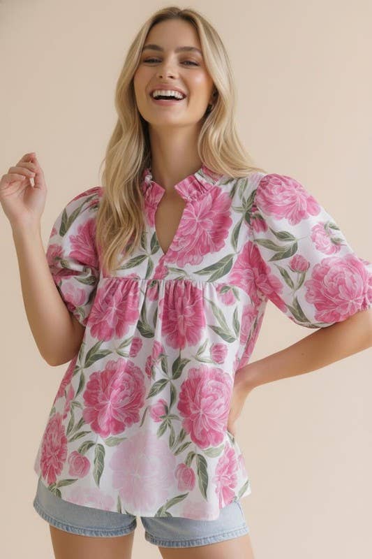 Plus Floral Frilled Puff Sleeve Blouse