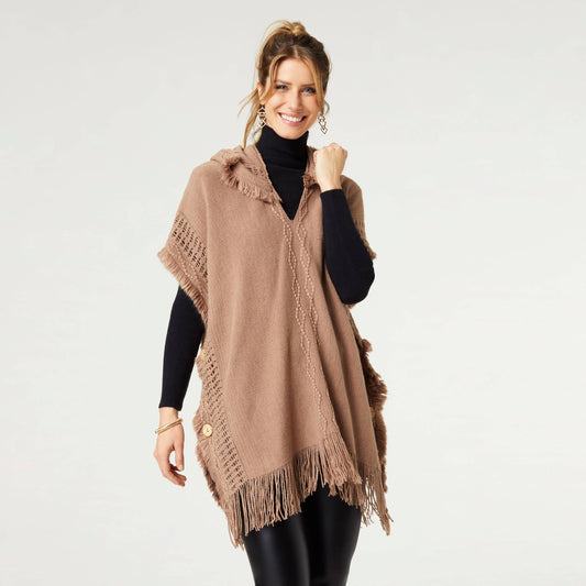 Eloise Hooded Poncho with Frayed Fringe