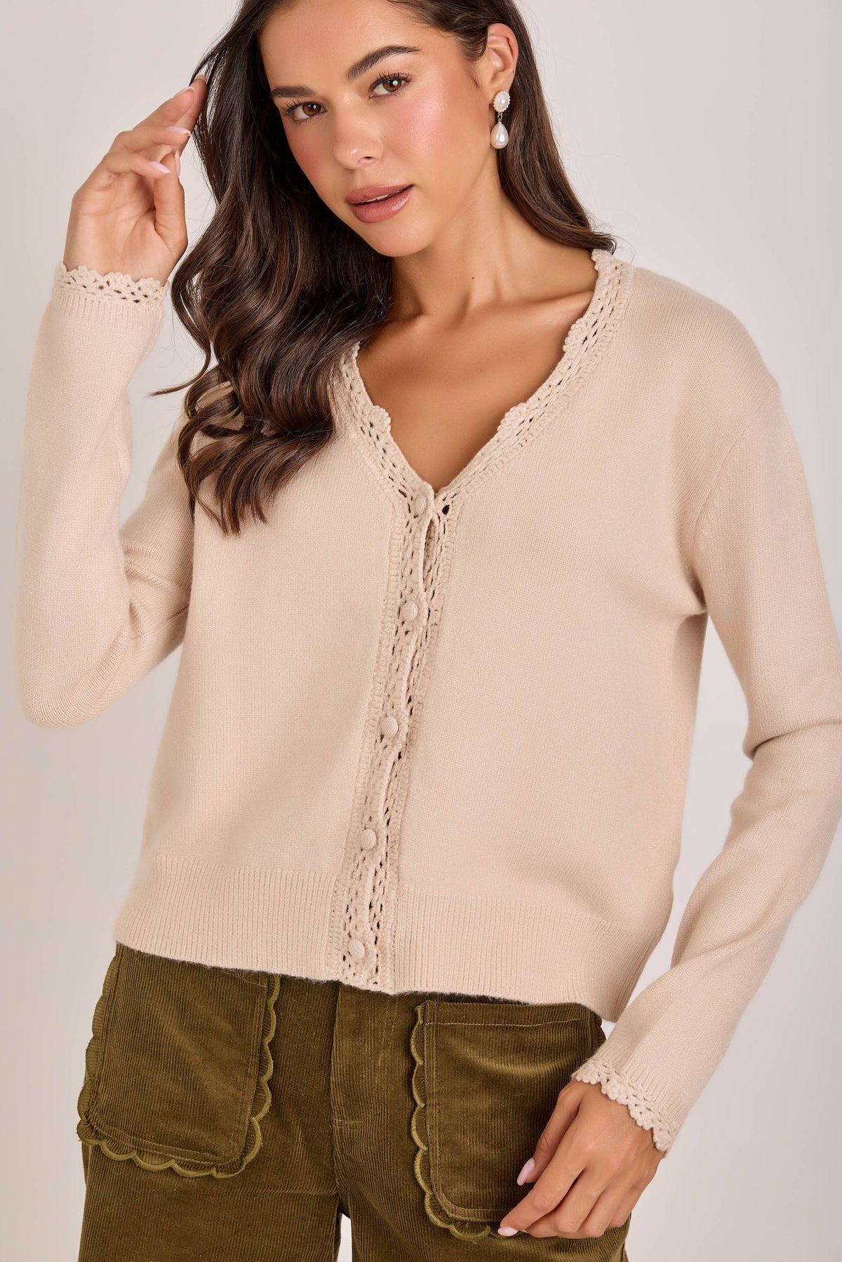 LACE TRIMMED BUTTON FRONT CARDIGAN