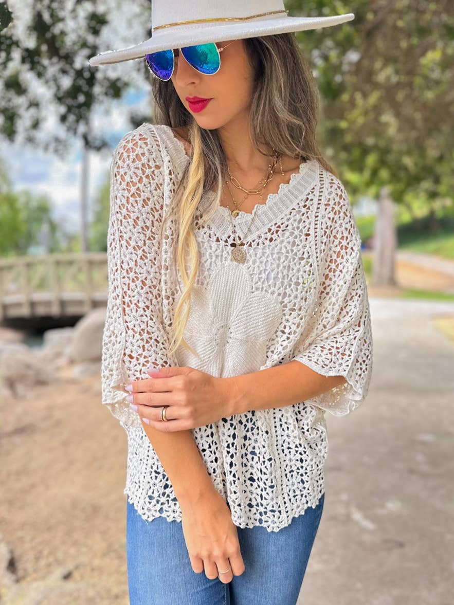 Boho Crochet Dolman Sleeve Top with Bold Flower Detail