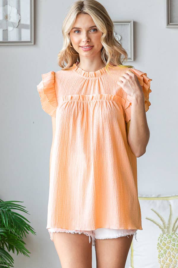 [PLUS SIZE] Crinkle Keyhole Ruffle Mock Neck Blouse T5519XL