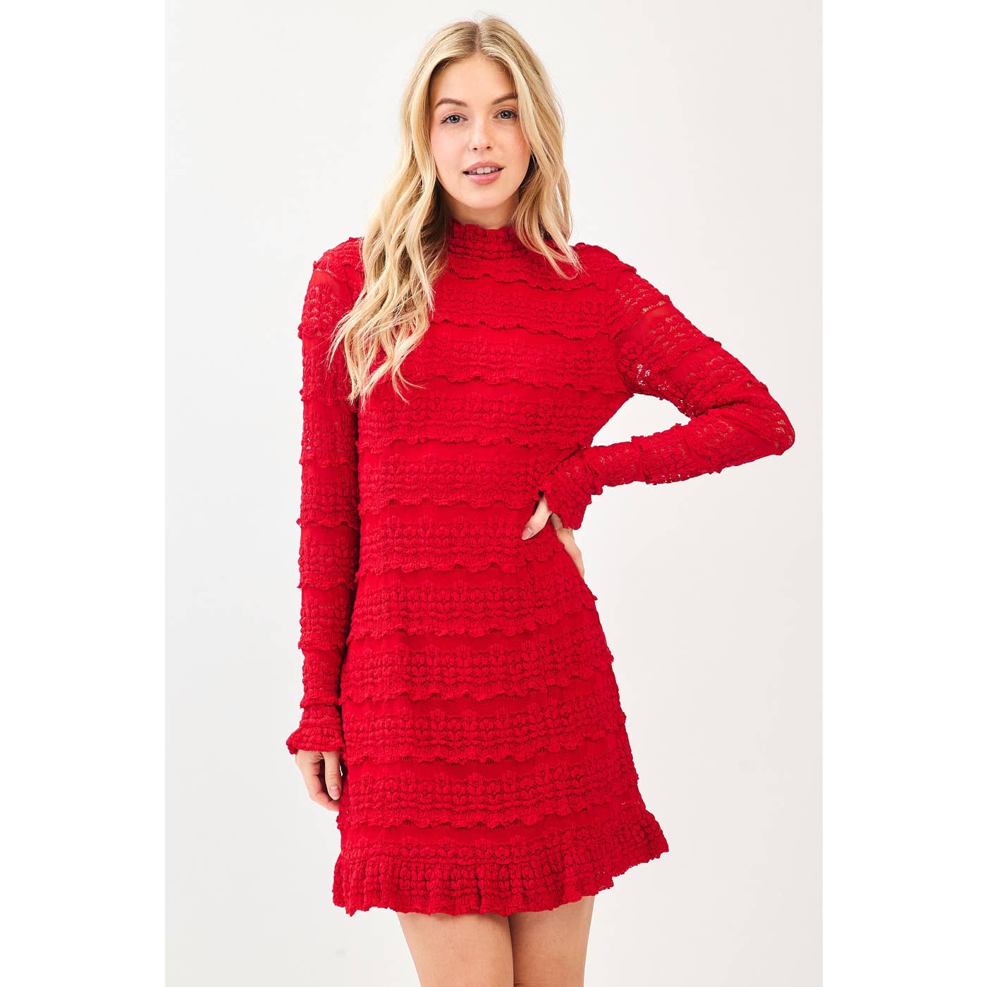 RUFFLE LACE MOCK NECK LONG SLEEVE MINI DRESS