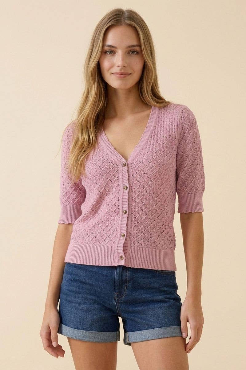 POINTELLE SHORT SLEEVE CARDIGAN WITH ROSE BUTTONS
