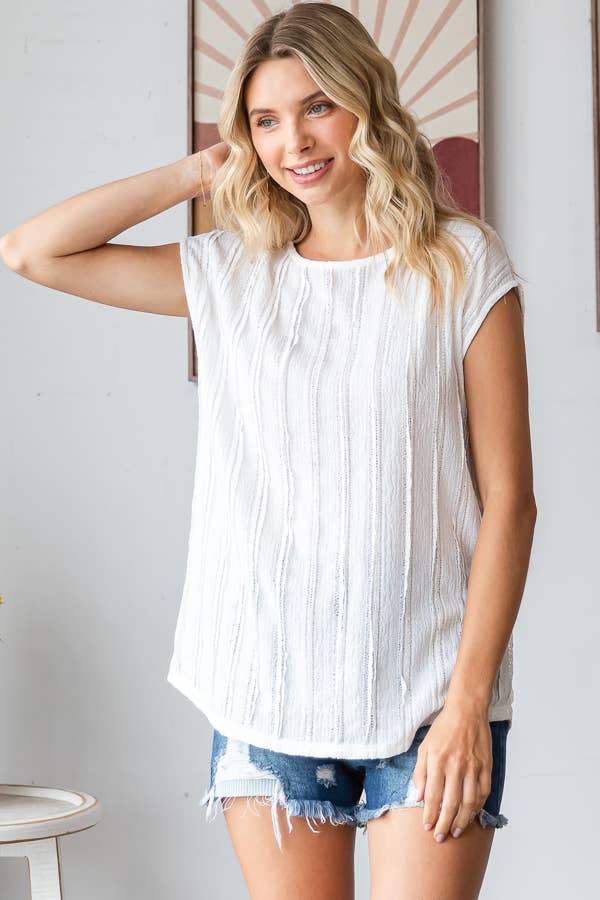 Lightweight Stripe Textured Cap Sleeves Blouse T5948