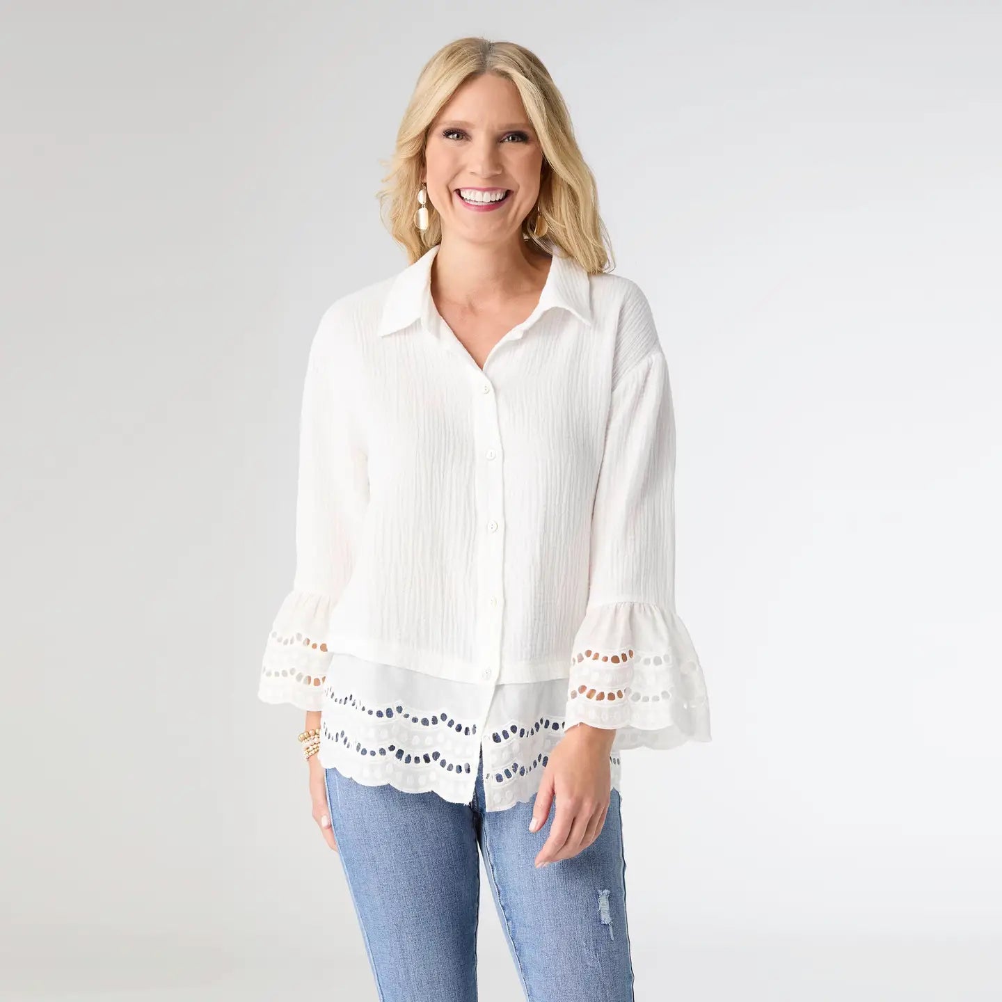 White Eyelet Top with Embroidery