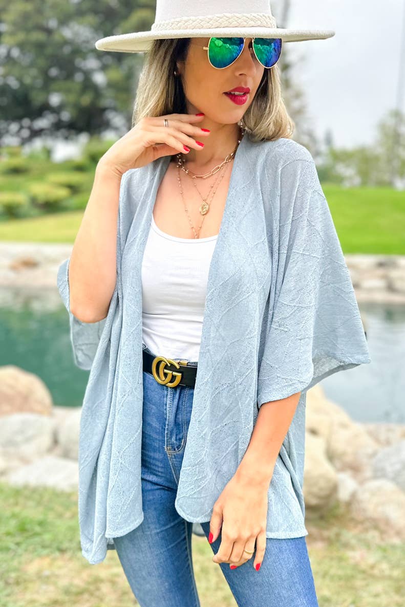 Grey Textured Sheer Jersey Knit Loose-Fit High Low Kimono