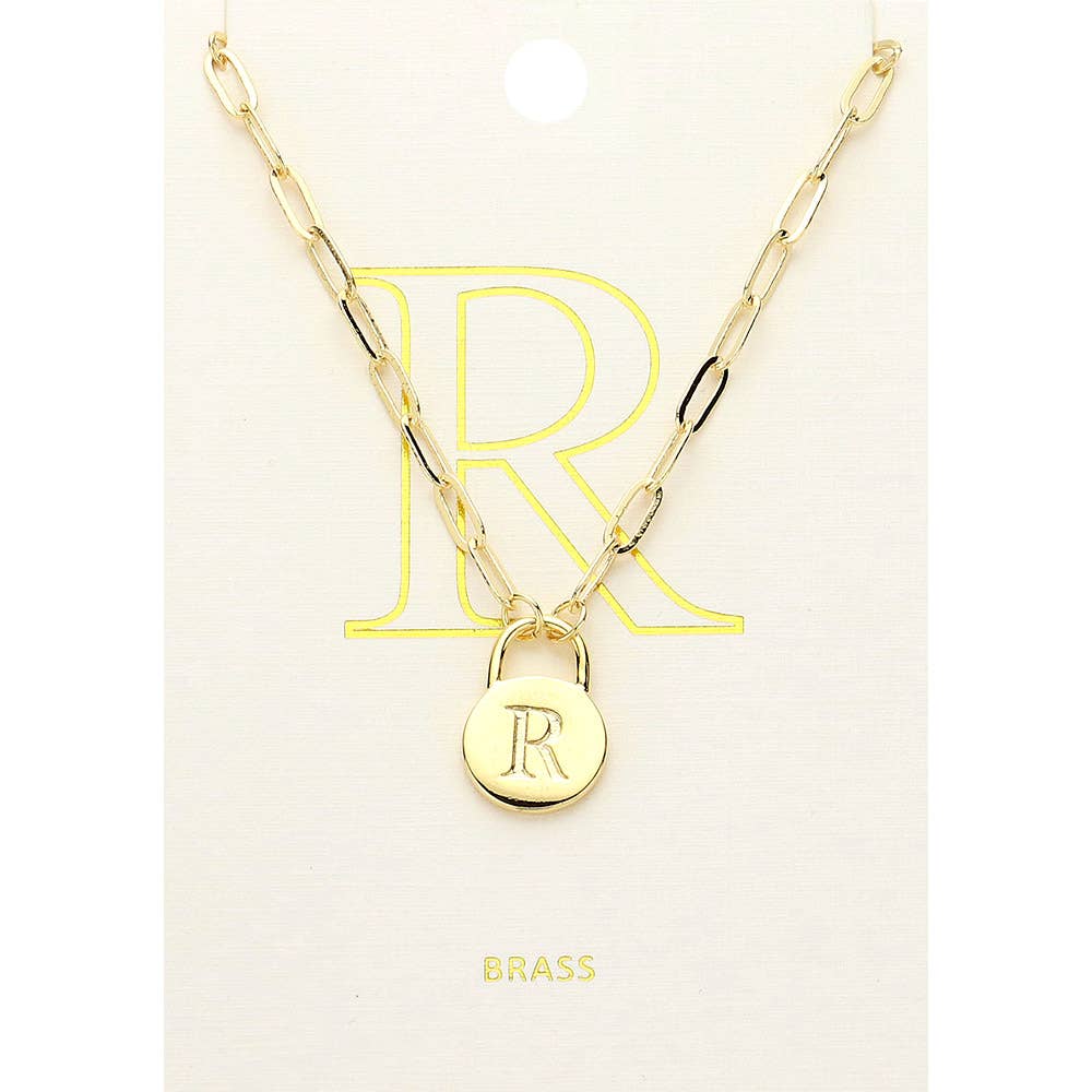 Brass Metal Initial Monogram Lock Pendant Necklace